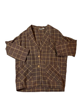 VTG Sake 100 Linen Blazer Jacket Brown Windowpane Minimalist Oversized